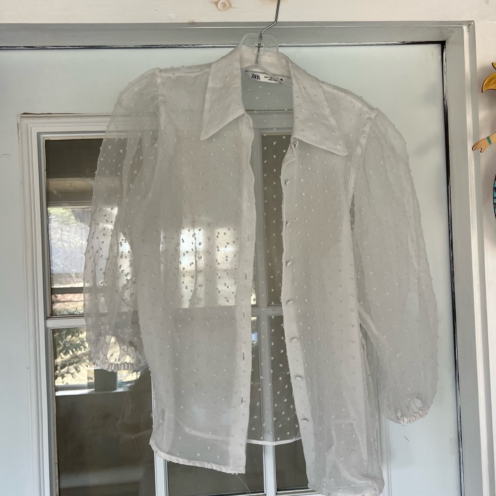 ZARA White Sheer Swiss Dot Blouse